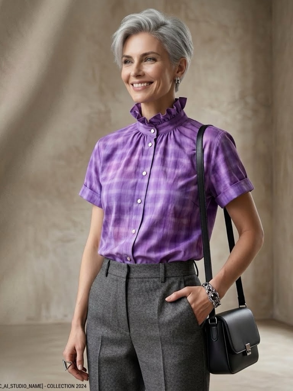 Rare KMJ Kate McHale Jensen Purple Plaid Ruffle Neck Shirt Small EUC